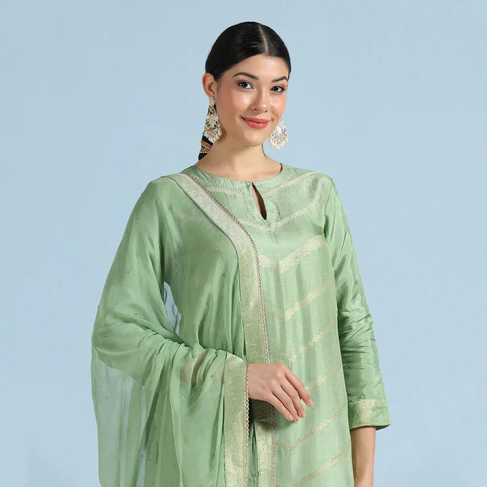 Green Banarasi Unstitched Suit