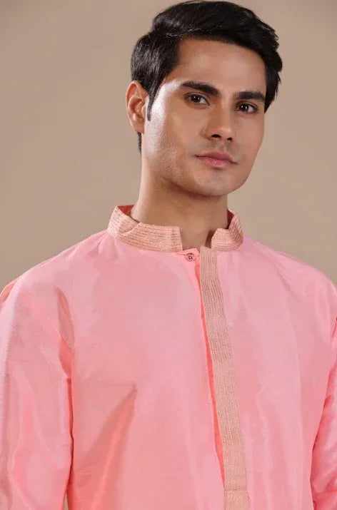 Elegant Pink Silk Kurta Set With Aari Zari Embroidery