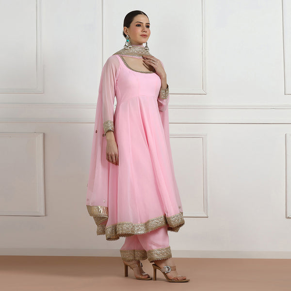 Pink Georgette Anarkali With Gold Lace Accents