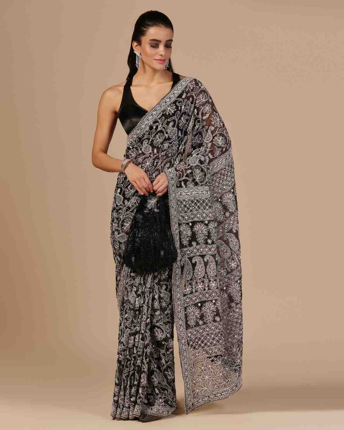 Black georgette Lucknowi chikankari saree with blouse — RNG REZA
