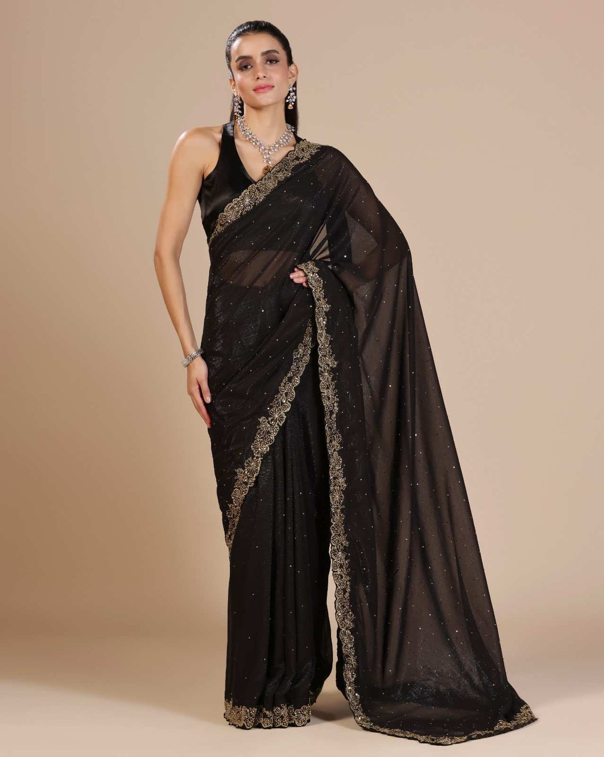 Black chiffon lurex embroidered saree with blouse — RNG REZA
