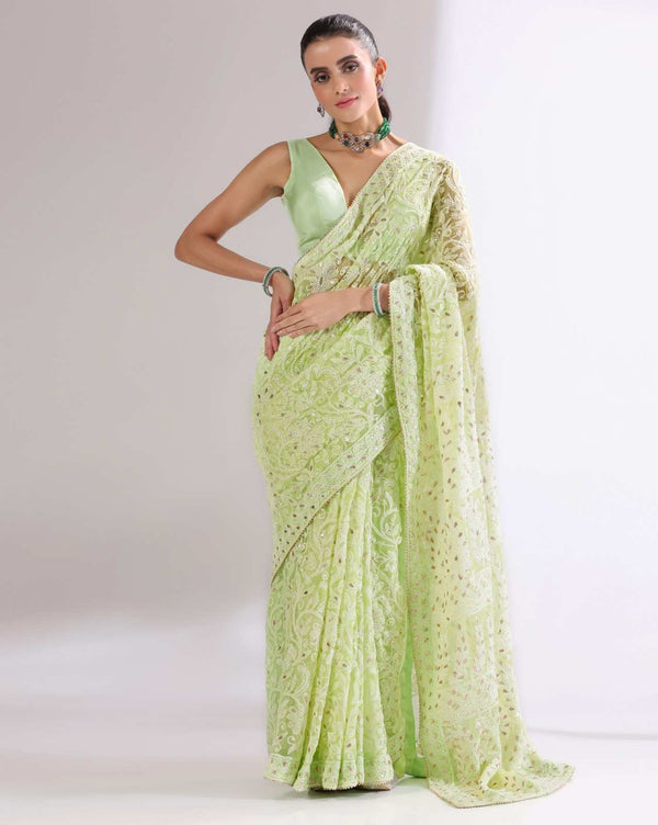 Green Georgette Chikankari Saree