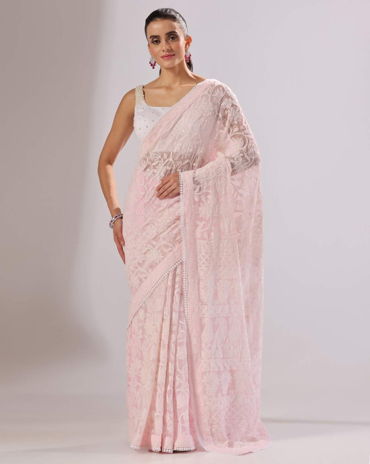 Peach Pink Georgette Chikankari Saree