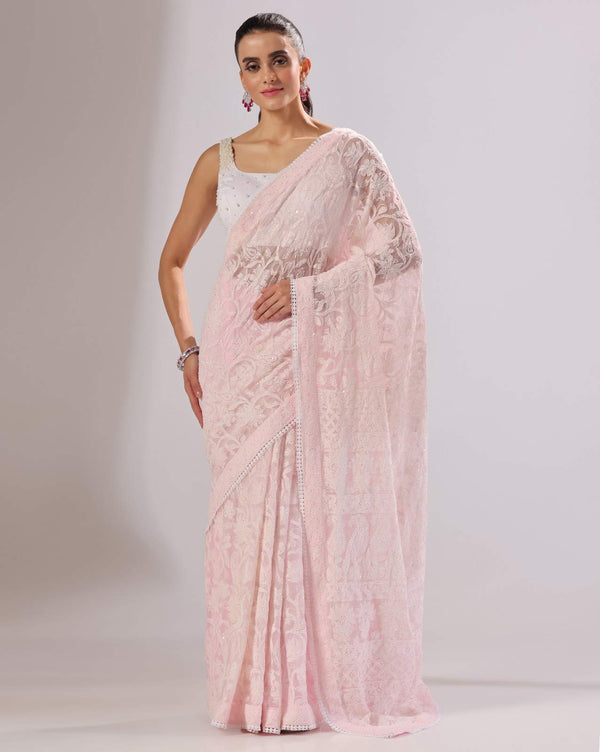 Peach Pink Georgette Chikankari Saree