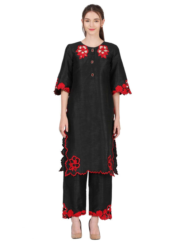 Classic Black Dupion Silk Thread Work Co-ord Set