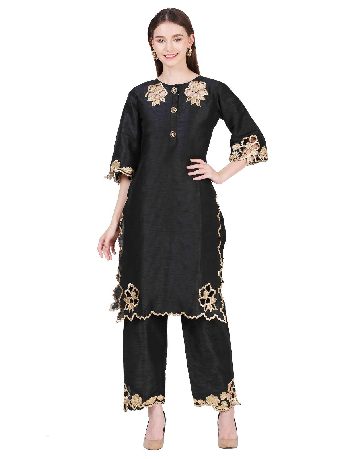 Black dupion silk thread work kurta co-ord set for women — RNG REZA