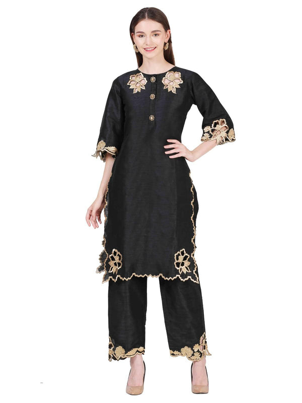 Classic Black Dupion Silk Thread Work Co-ord Set