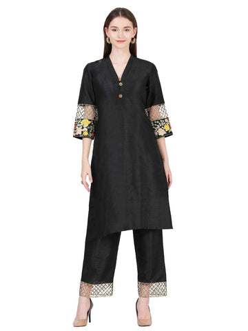 Luxury Black Dupion Silk Co-ord Set with Intricate Work
