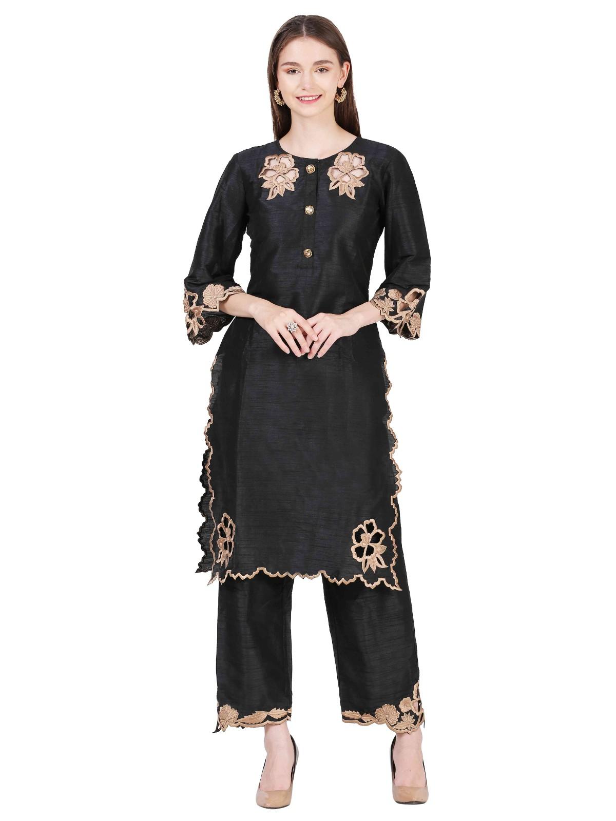 Black dupion silk thread work kurta co-ord set for women — RNG REZA