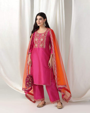 Dupion Silk Aari Zari Work Kurta Set