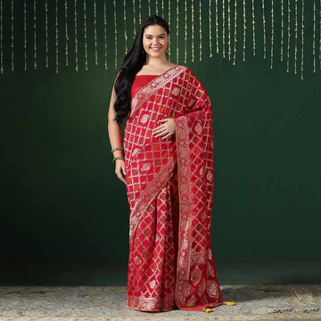 Hot Pink Bandhani Georgette Saree with Unstitched blouse