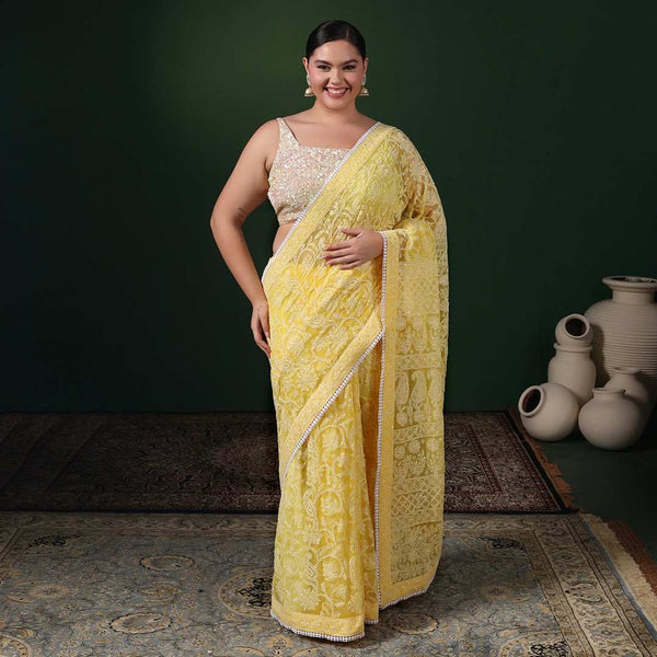 Yellow Georgette Chikankari Saree