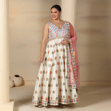 Classic Off White Anarkali with Hand Crafted Resham Aari & Mirror Work