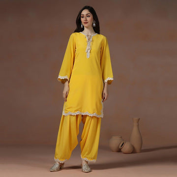 Yellow Crepe Kurta Set Detailed with Lace