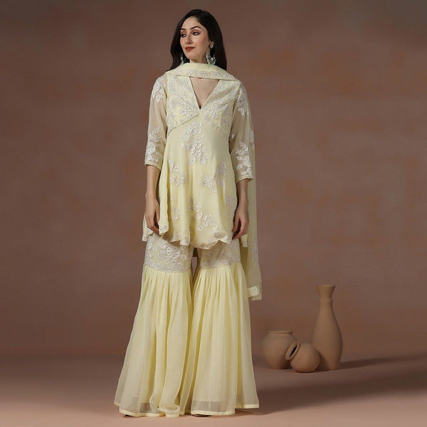 Yellow Georgette Embroidered Kurta Sharara Set