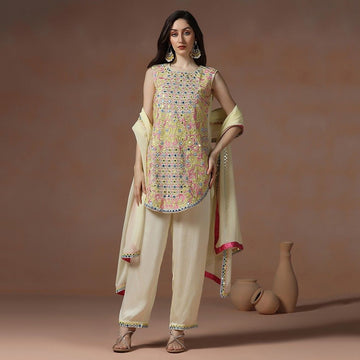 Pastel Yellow Georgette Mirror Work Kurta Set
