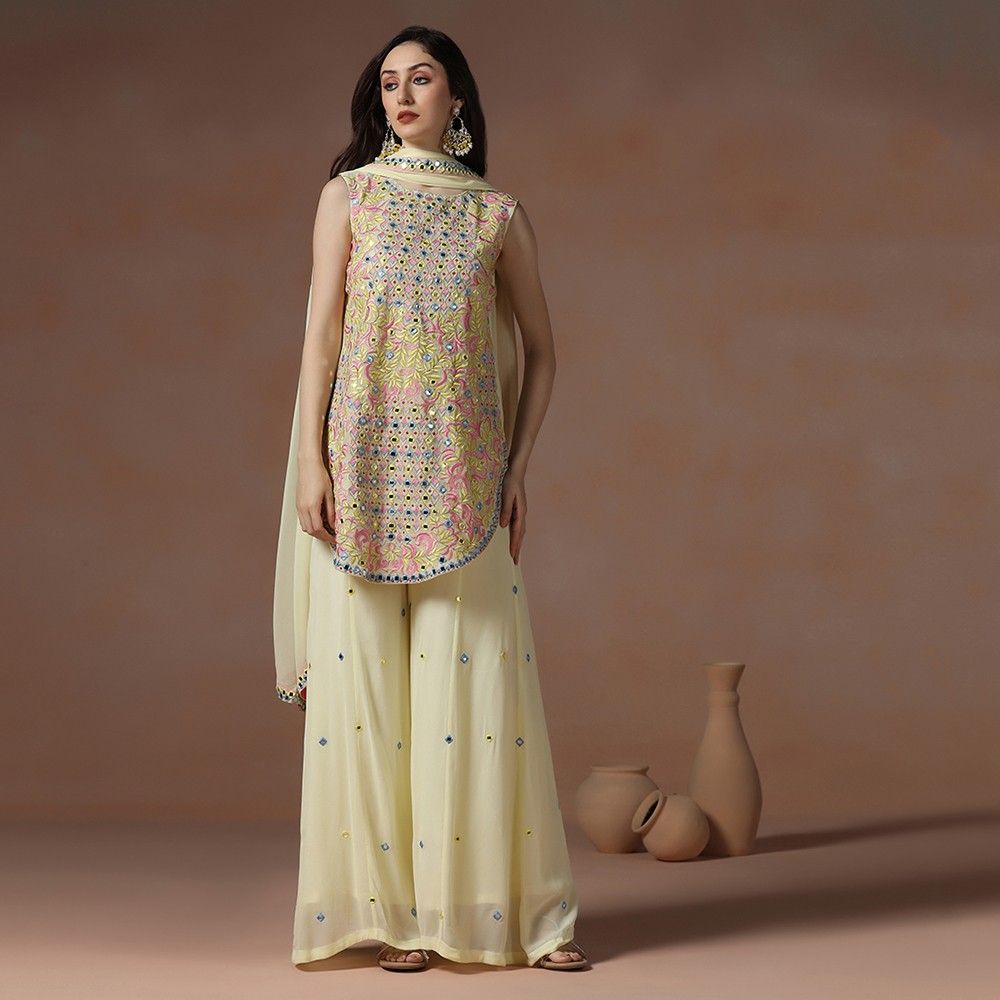 Pastel Yellow Georgette Mirror Work Kurta Sharara Set