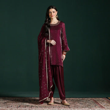 Organza Maroon Kurta Set with Stone Embroidery