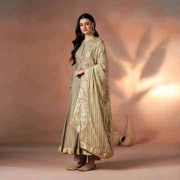 Gold Silk Anarkali with Zari Dupatta