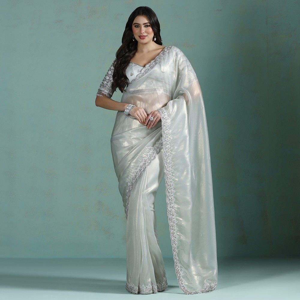 Moon Light Silver Hand Embroidered Silk Saree