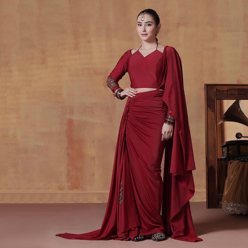 Ruby Red Pre-Draped Designer Saree Set with Blouse
