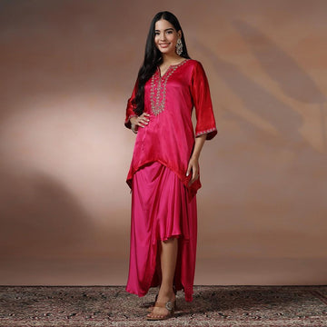 Rani Pink Embroidered Kurta & Drape Skirt Set