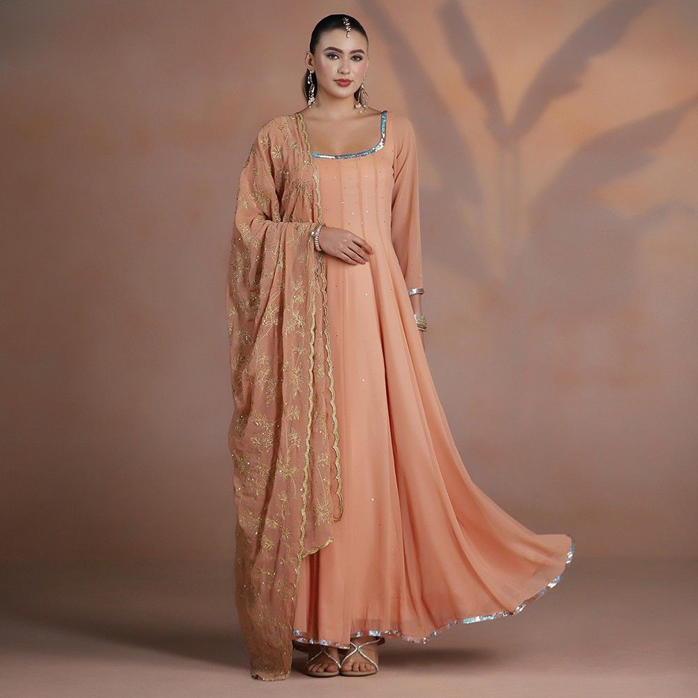 Peach Blush Embroidered Anarkali with Embroidered Dupatta