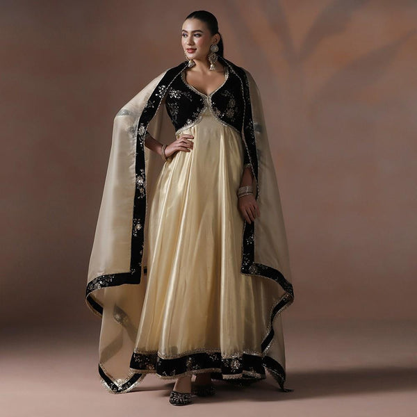 Velvet Deep Maroon & Gold Silk Anarkali Set with Dupatta