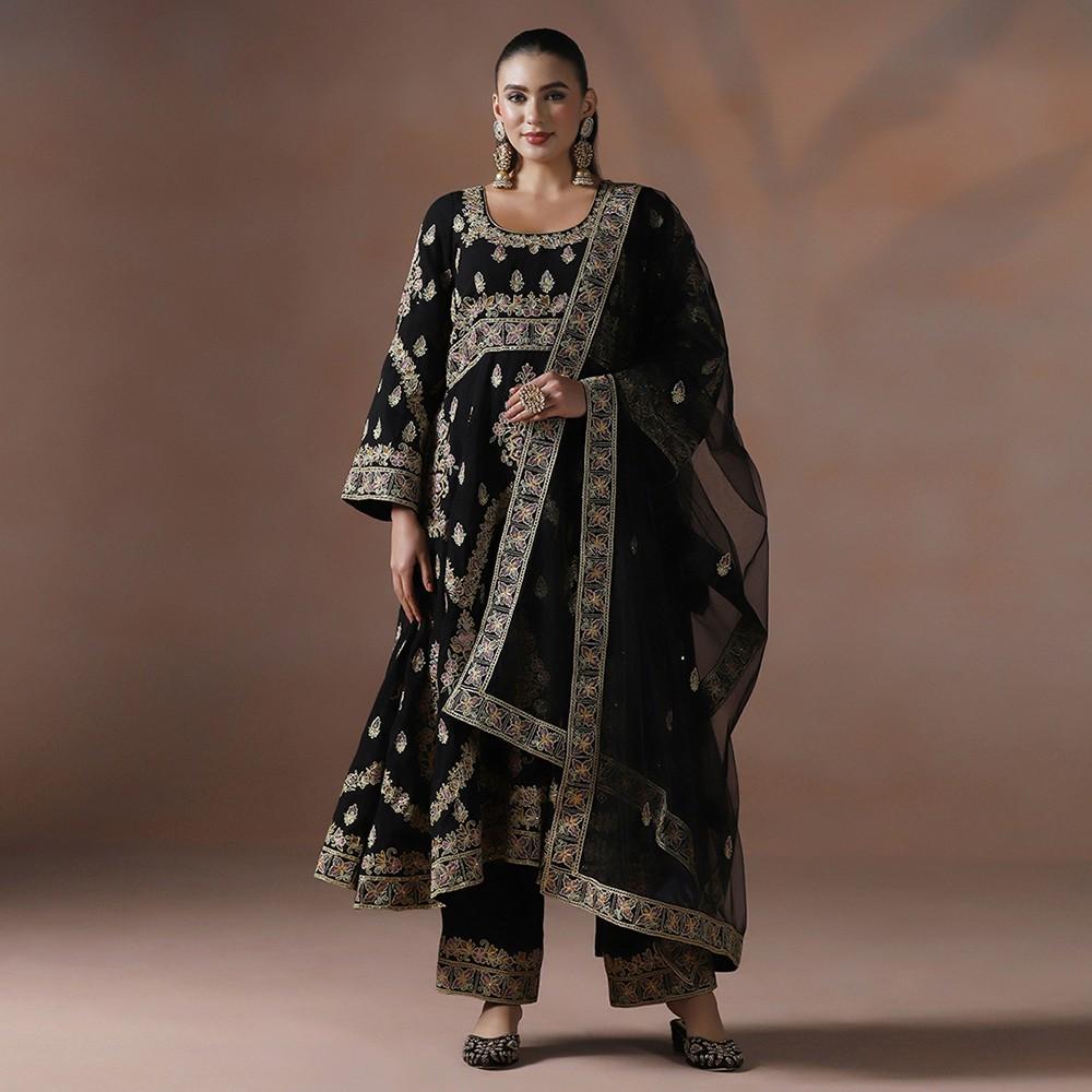 Black georgette resham dori Anarkali set with dupatta for women — RNG REZA