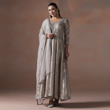 Moon Silver Hand Embroidered Anarkali Set with Dupatta