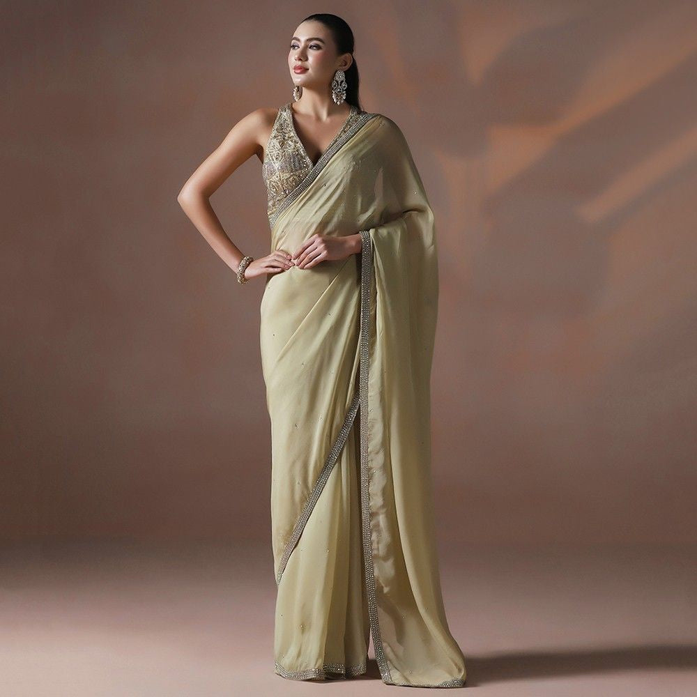 Women's gold organza sequin work saree with designer blouse — RNG REZA