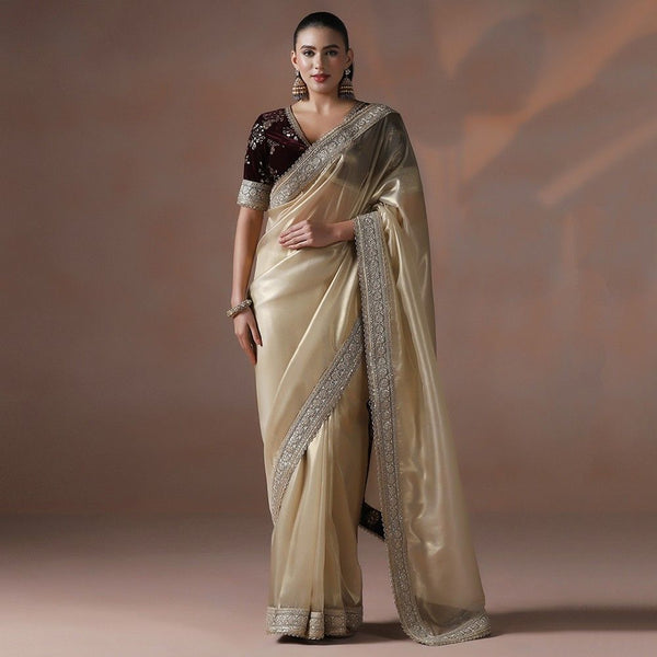 Gold Zari Border Silk Saree with Velvet Embroidered Blouse