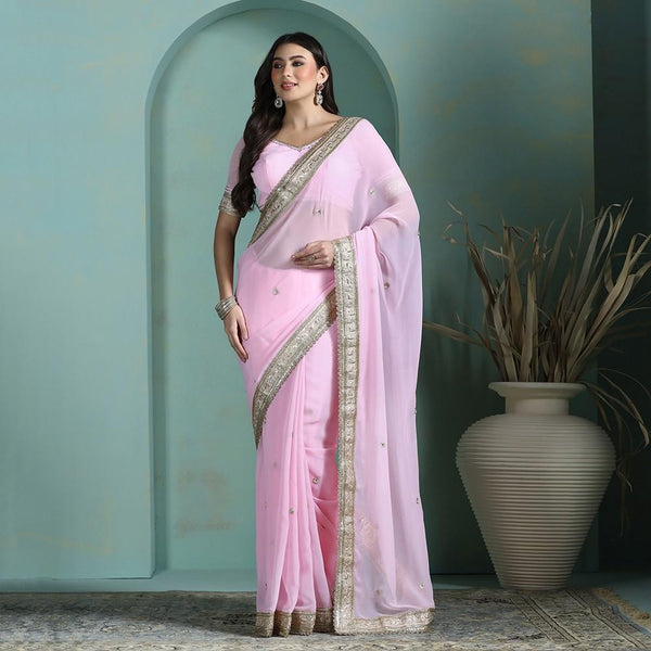 Pink Georgette Zari Border Saree