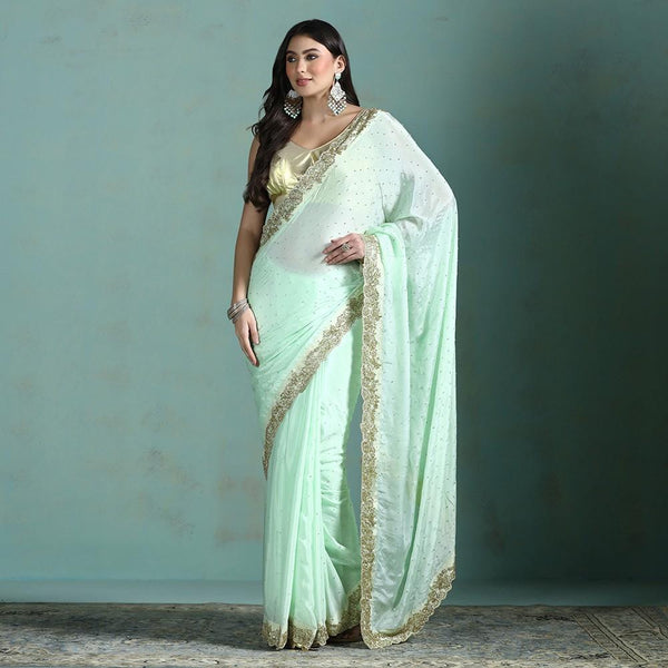 Green Chiffon Gold Hand Embroidered Saree