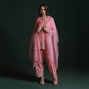 Peach Pink Crepe Embroidered Kurta Set