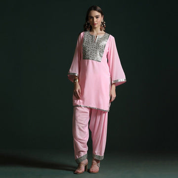 Pink Crepe Mirror Work Co-ord Set