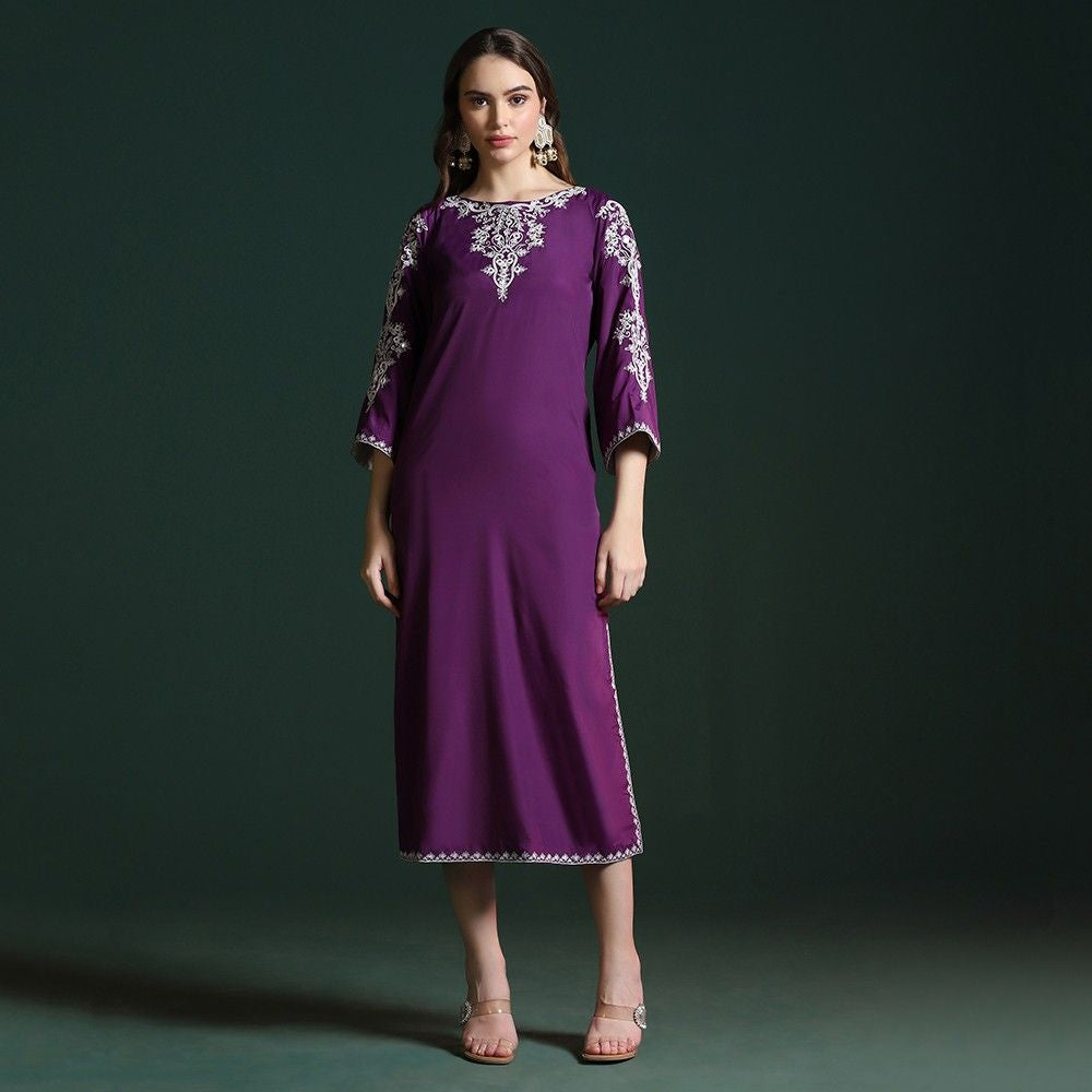 Purple Crepe Slit Kurta with Dori Work