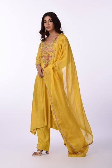 Kurti With Pants Vibrant Yellow Thread Embroidered Kurta Set