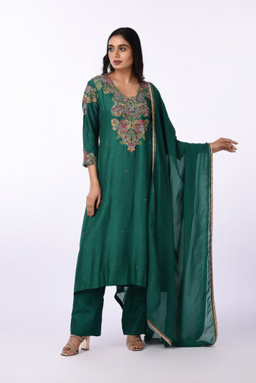 Kurti With Pants Set And Dupatta Emerald Green Silk Embroidered Kurta Set