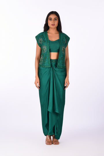 Jacket With Blouse and Drepe Saree  Elegant Green Jacket Drape Saree