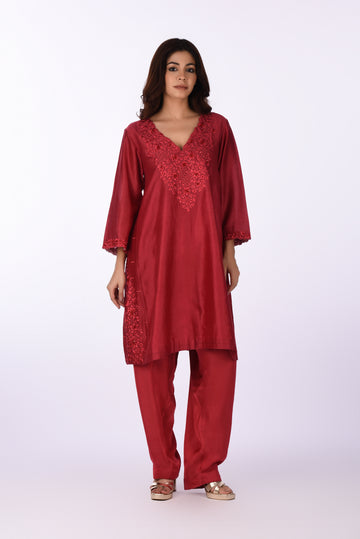 Kurti With Pants Red Embroidered Kurta Set