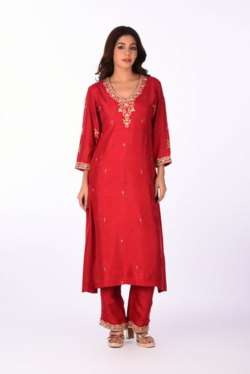 Kurti With Pants Set Red Embroidered Raw Silk Kurta Set