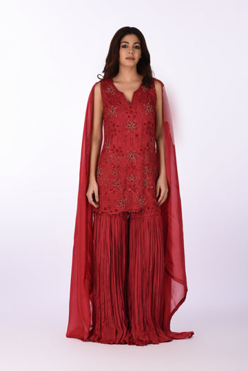 Kurti With Sharara Pants Red Luxe Silk Kurta Set