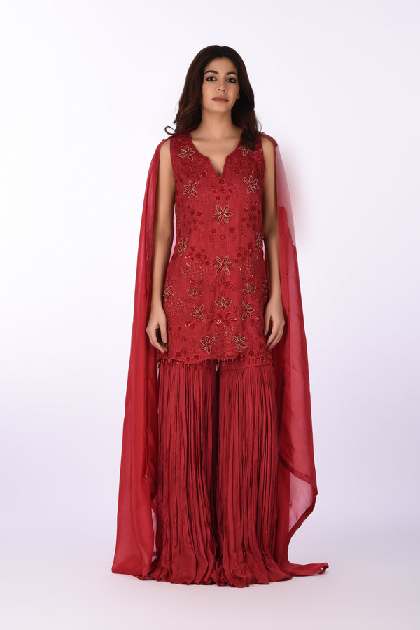 Kurti With Sharara Pants Red Luxe Silk Kurta Set