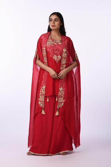 Kurta Jacket With Bottom Crimson Red Embroidered Kurta Palazzo Set with Jacket