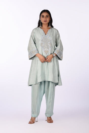 Kurti With Pants Sage Green Silk CO-ORD Set
