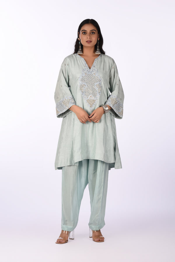 Kurti With Pants Sage Green Silk CO-ORD Set