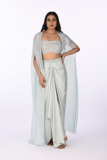 Blouse Jacket With Drape Skirt Grey Embroidered Blouse with Skirt & Cape