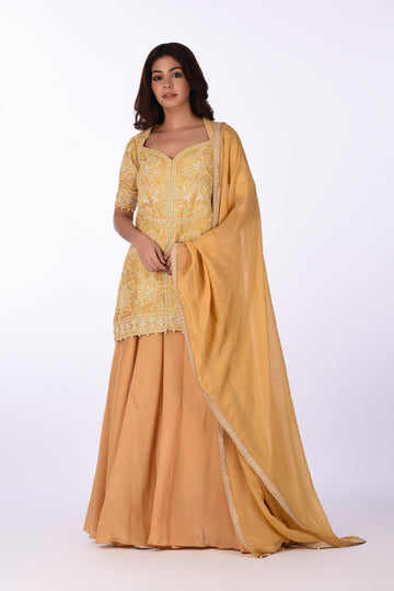 Kurti With Skirt Elegant Mustard Yellow Peplum Kurta Set