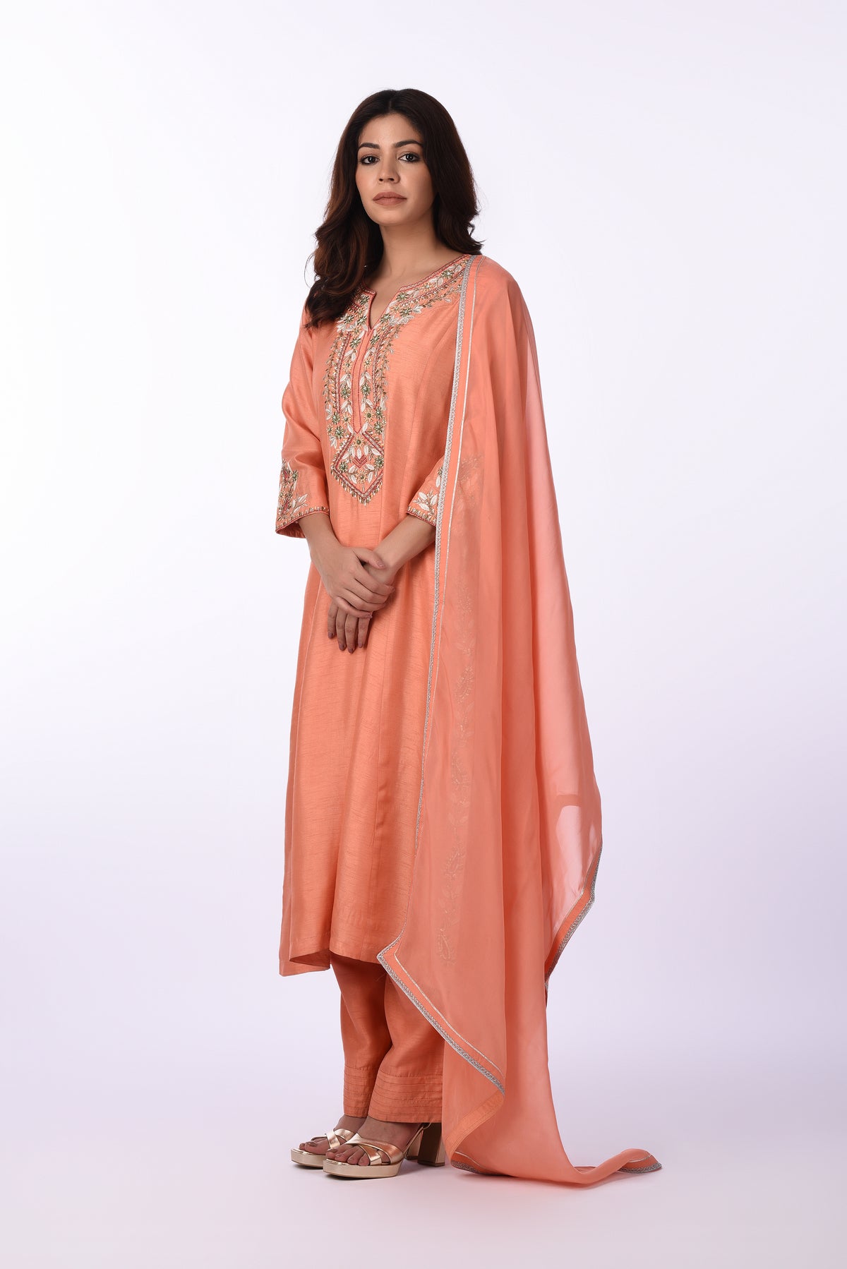 Women's peach raw silk kurta set with pants and dupatta — RNG REZA